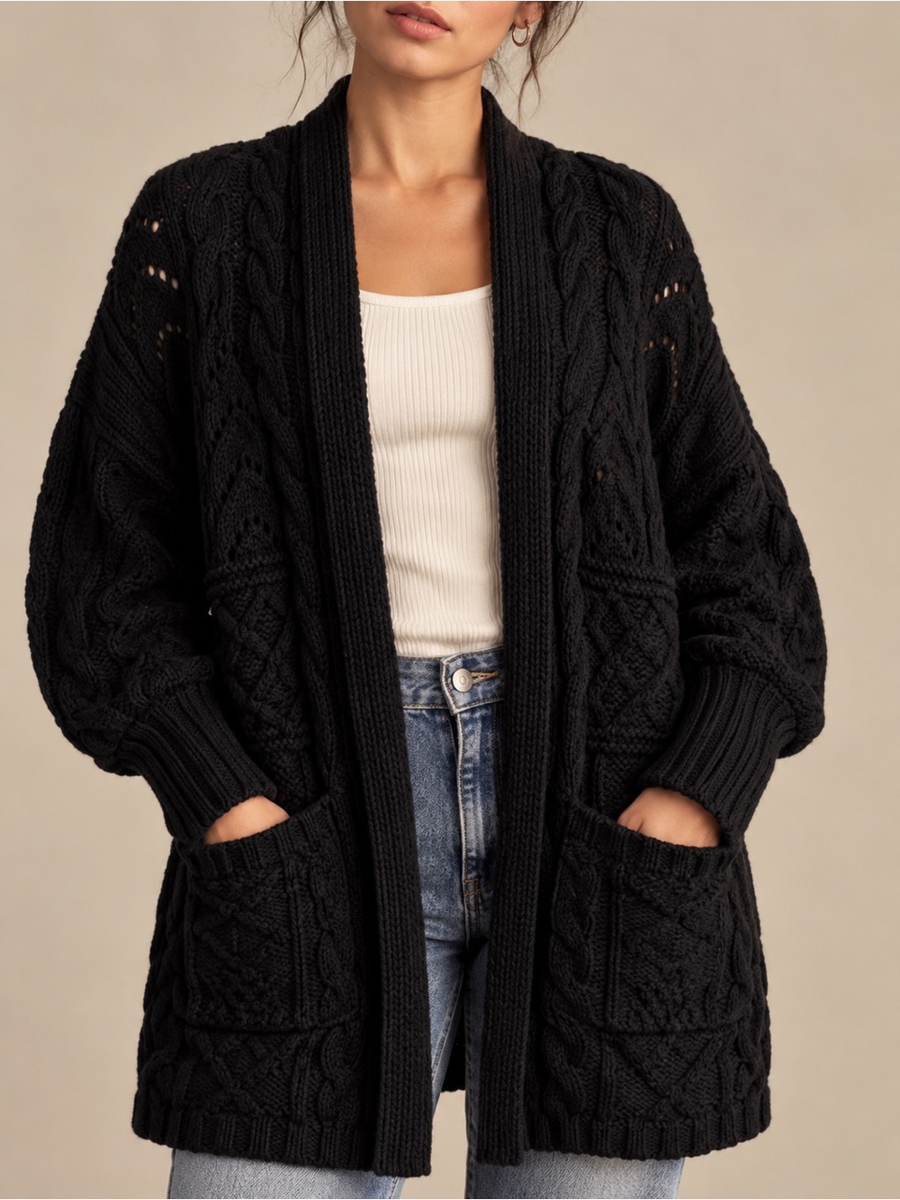 Anthropologie Cable Knit Cardigan Oversized Longline Chunky Wool Black Size Xs